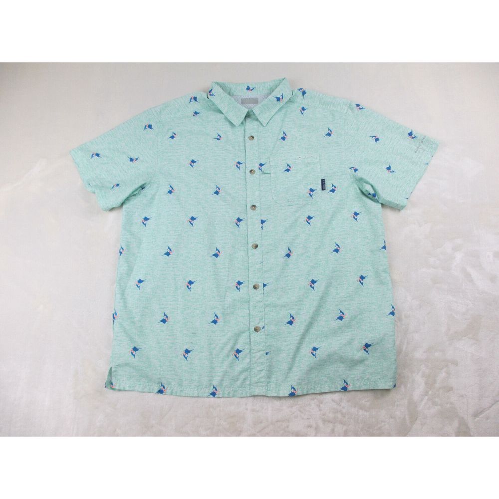 Columbia Shirt Mens Extra‎ Large Green Button Up PFG Marlin Print Vented*